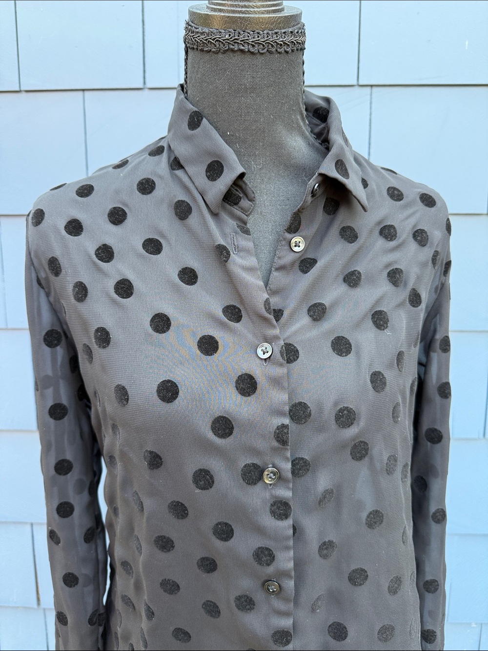 Polka Dot Button-Down Shirt Blouse in Taupe with Black Dots medium velvet - Picture 2 of 10